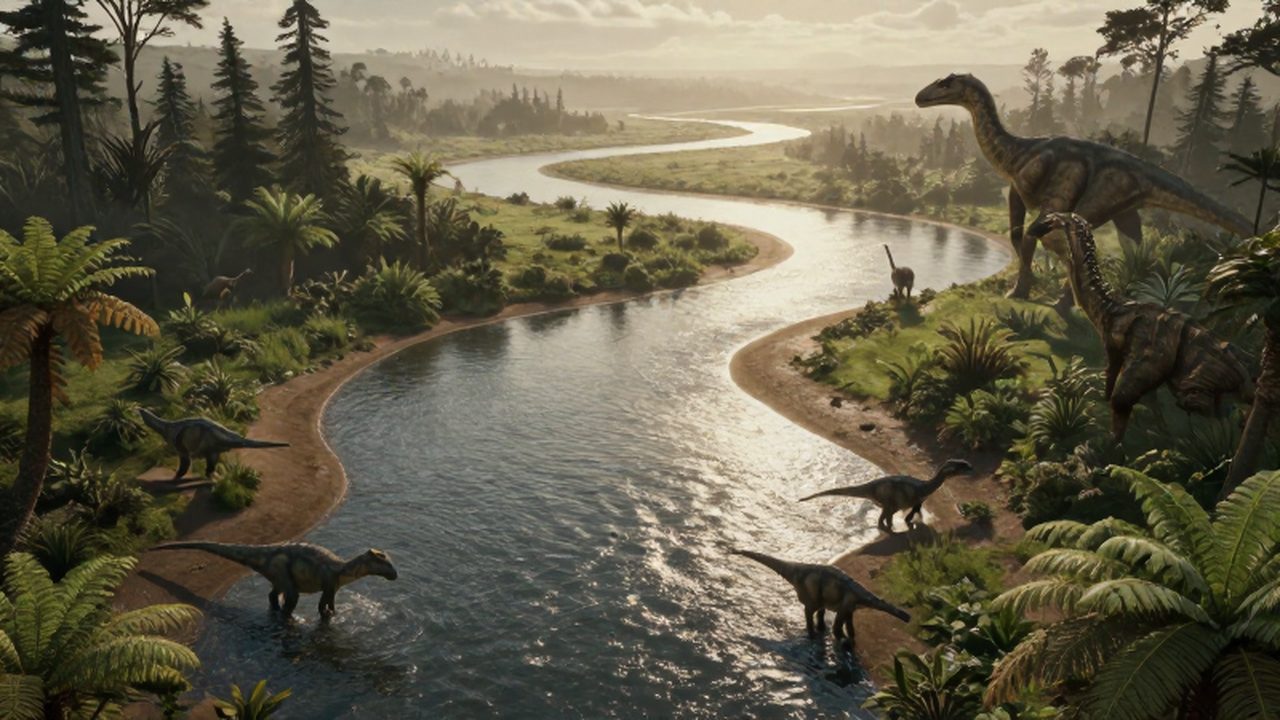 Dinosaurios herbívoros beben agua en un delta de ríos rodeado de vegetación prehistórica.
