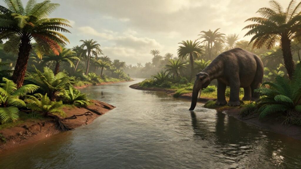 Un braquiosaurio bebe agua en un delta fluvial prehistórico rodeado de vegetación densa y neblina.