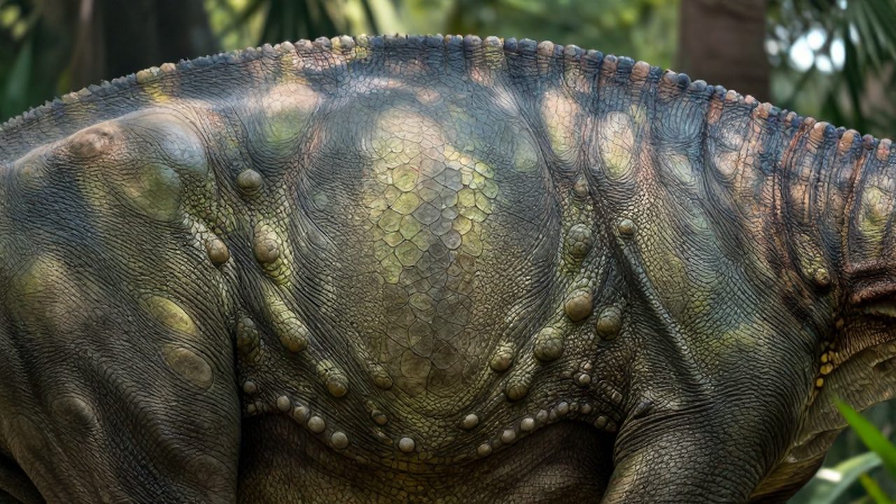 Primer plano detallado de la piel escamosa y rugosa de color gris y verde de un braquiosaurio.