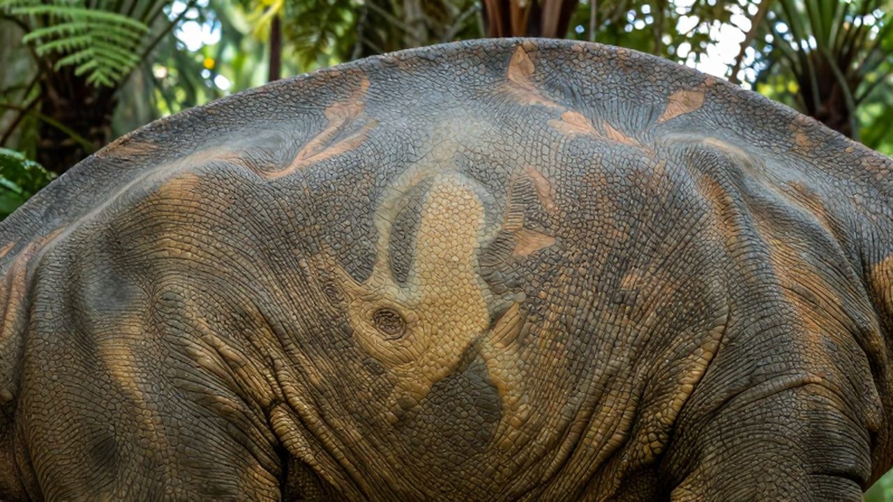 Primer plano detallado de la piel escamosa y rugosa de un Brachiosaurio bajo la luz solar.