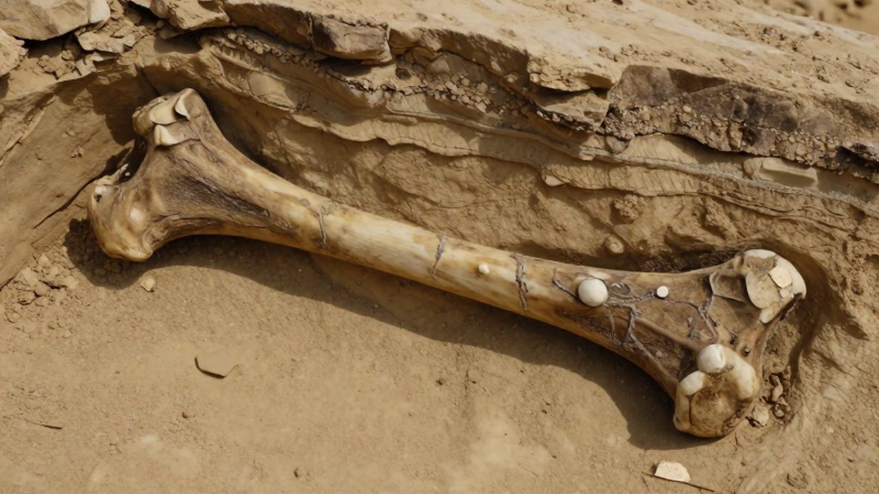 Fémur de dinosaurio fosilizado incrustado en capas de roca sedimentaria y arena.