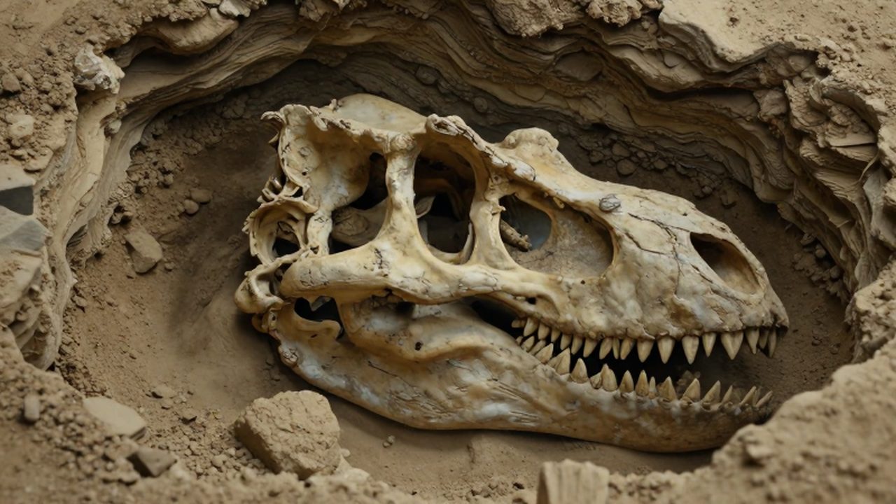 Cráneo de un tiranosaurio rex parcialmente descubierto entre capas de sedimentos y arcilla.