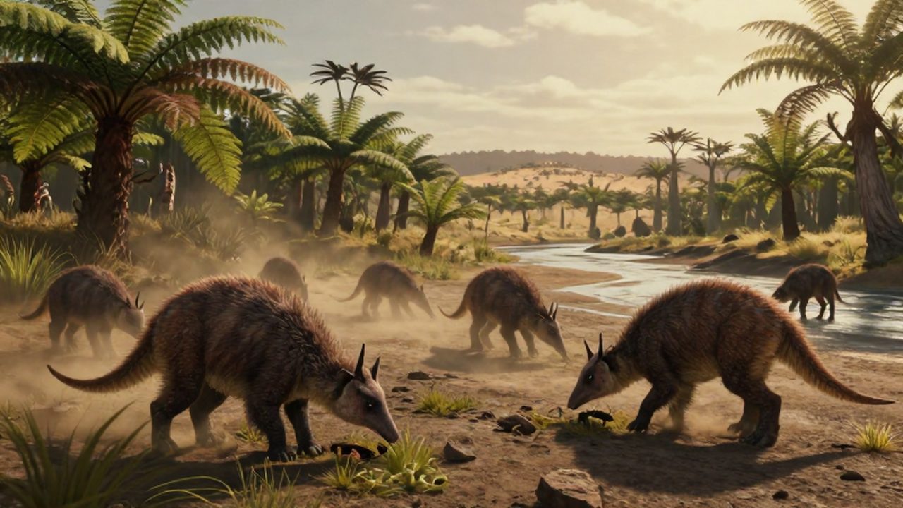 Grupo de terápiscos carroñeros cerca de un lecho de río seco en un paisaje prehistórico.