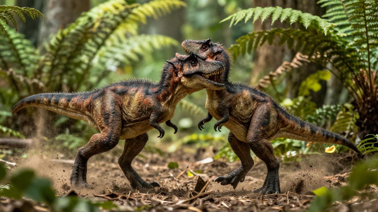 Dos crías de Tyrannosaurus Rex juegan y luchan sobre el suelo de un bosque prehistórico.